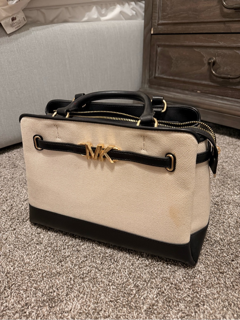 Michael Kors Cream Canvas and Black Leather Satchel with Gold MK Hardware